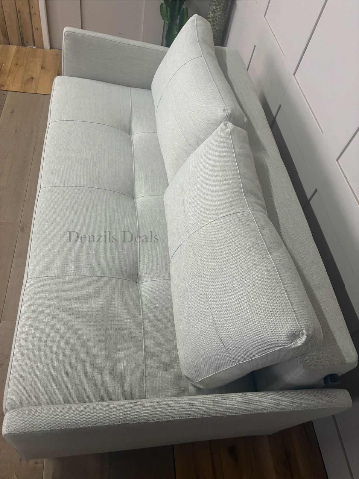 Innovation Living Cubed 160 modern sofa bed in Mixed Dance Natural fabric with wooden legs. Top view