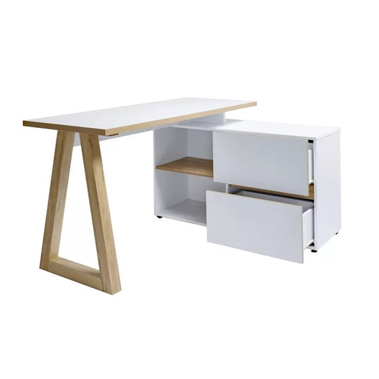 Jahnke Stanberg L-shape oak and white corner desk with drawers and storage compartments.