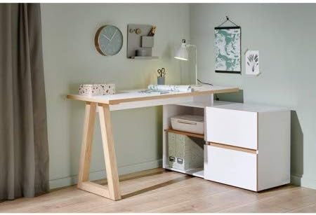 "Jahnke Stanberg L-shaped corner desk in oak and white finish, measuring 140x110x76 cm. The desk features a wide work surface with two built-in drawers and two storage compartments