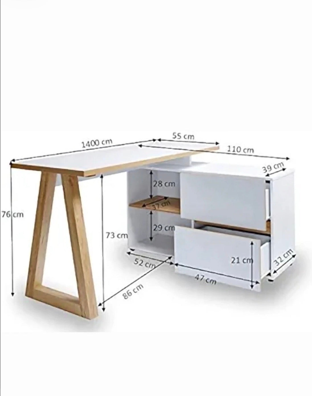 "Jahnke Stanberg L-shaped corner desk in oak and white finish, measuring 140x110x76 cm. The desk features a wide work surface with two built-in drawers and two storage compartments