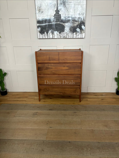 John Lewis Scandi 5 Drawer Wood Chest, Walnut Finish with five storage drawers and the top surface has a slight tray-edge design
