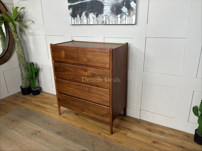 John Lewis Scandi 5 Drawer Wood Chest, Walnut Finish with five storage drawers and the top surface has a slight tray-edge design so your bedside essentials stay secure. Rounded posts, tapered legs and sleek