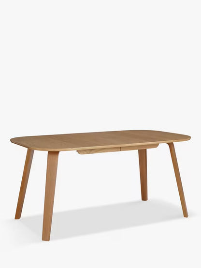 John Lewis ANYDAY Anton 6-8 seater extending dining table in light oak, featuring a curved rectangular top and four tapered wooden legs on a plain background.