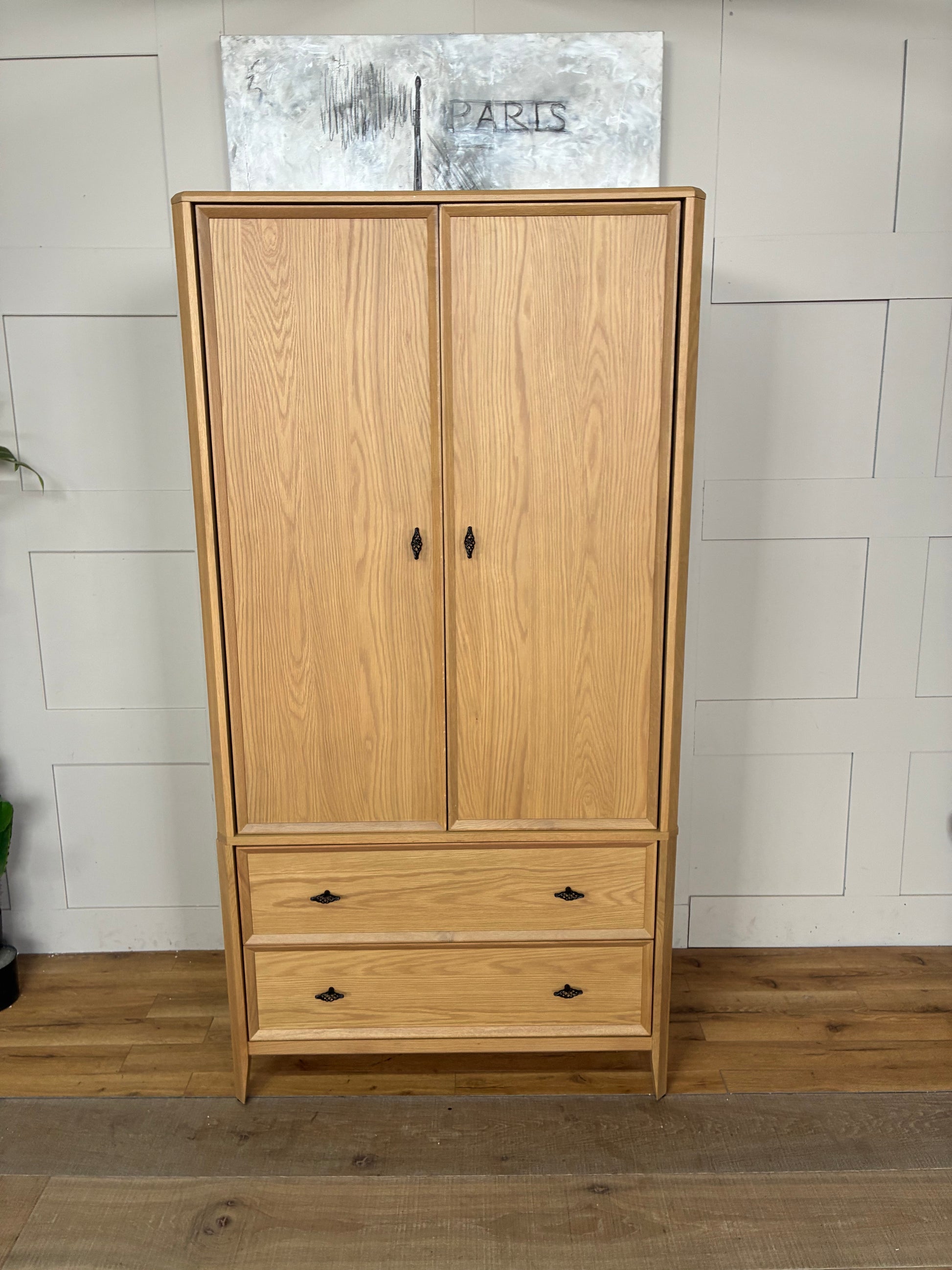 John Lewis Bevel Double Wardrobe in natural oak with two doors and two bottom drawers
