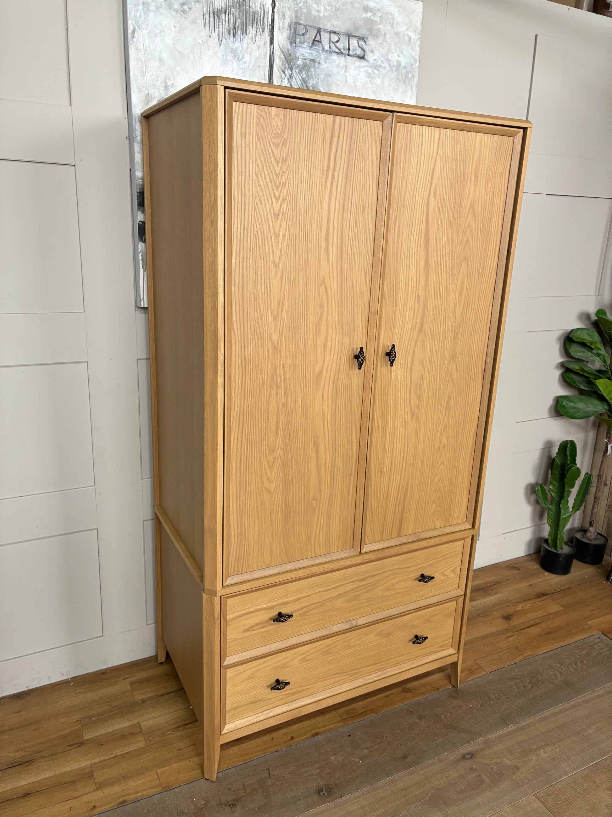 John Lewis Bevel Double Wardrobe in natural oak with two doors and two bottom drawers