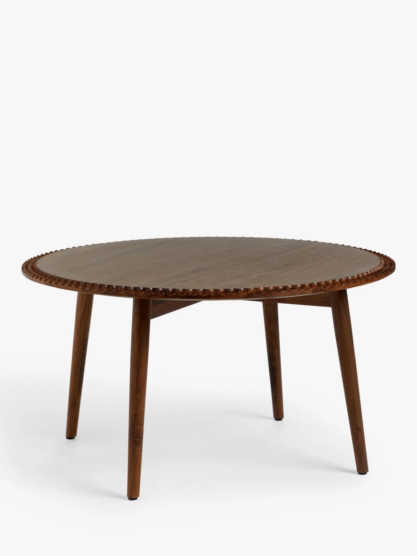 Round brown walnut wood coffee table with a textured edge and four sturdy legs, John Lewis Coin Coffee Table, Brown, Walnut Wood 