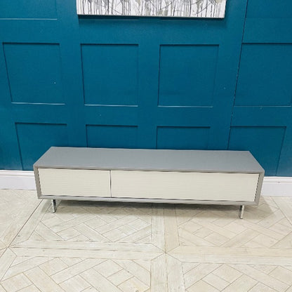 John Lewis Dante TV stand in white with taupe doors for 65-inch TVs, matte finish.