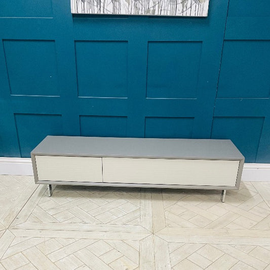 John Lewis Dante TV stand in white with taupe doors for 65-inch TVs, matte finish.