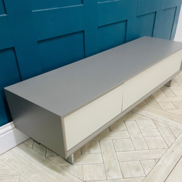 John Lewis Dante TV stand in white with taupe doors for 65-inch TVs, matte finish. Side view 