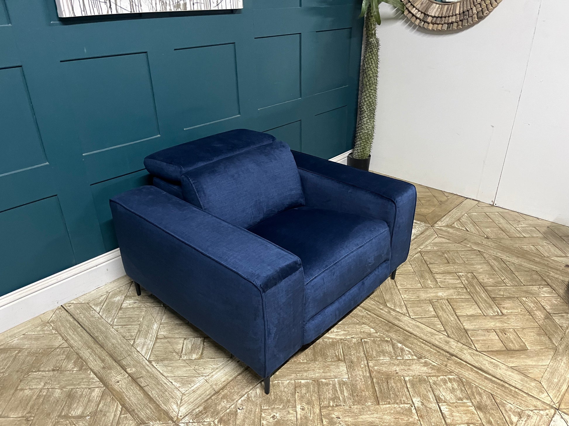 John Lewis Gradient Power Recliner Armchair in Navy Blue Chenille fabric with metal legs