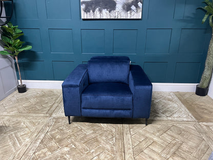 John Lewis Gradient navy blue chenille power recliner armchair with comfortable foam cushions, contemporary arms, and metal legs