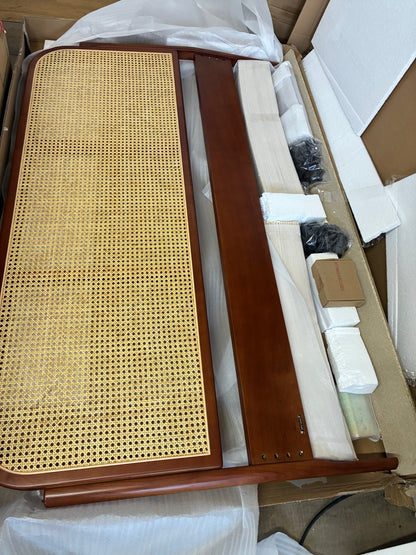 John Lewis King Size Rattan Bed Frame in a warm cherry wood finish with a curved cane headboard.