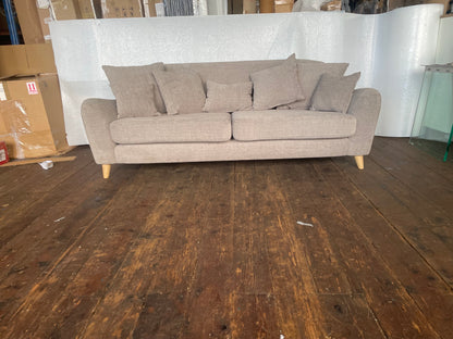 Front-facing view of the John Lewis Laze 3-seater sofa in a textured Opal Putty fabric, featuring deep-set cushions, pillowy armrests, and angled wooden-finish legs