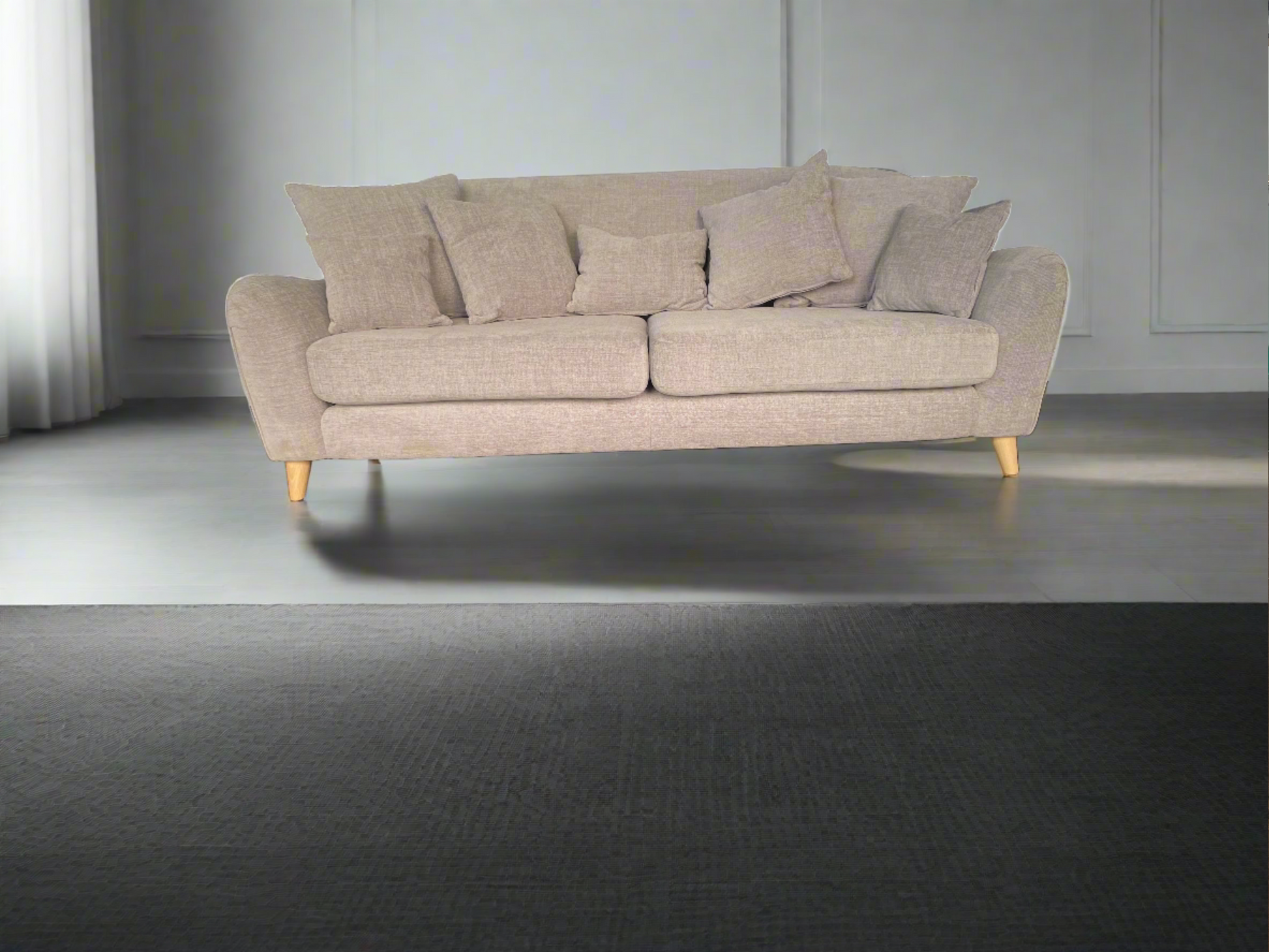 Front-facing view of the John Lewis Laze 3-seater sofa in a textured Opal Putty fabric, featuring deep-set cushions, pillowy armrests, and angled wooden-finish legs