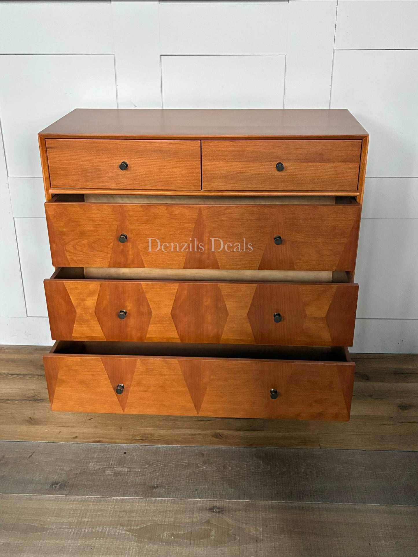 John Lewis Marquetry 5-drawer chest in patterned light wood.