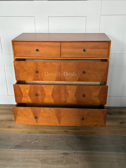 John Lewis Marquetry 5-drawer chest in patterned light wood.