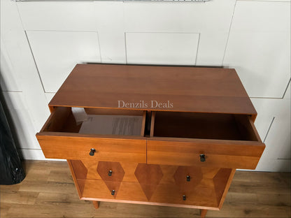 John Lewis Marquetry 5-drawer chest of drawers made of light wood with geometric inlaid wood patterns on the drawer fronts, featuring slim metal legs and minimalist metal handles.