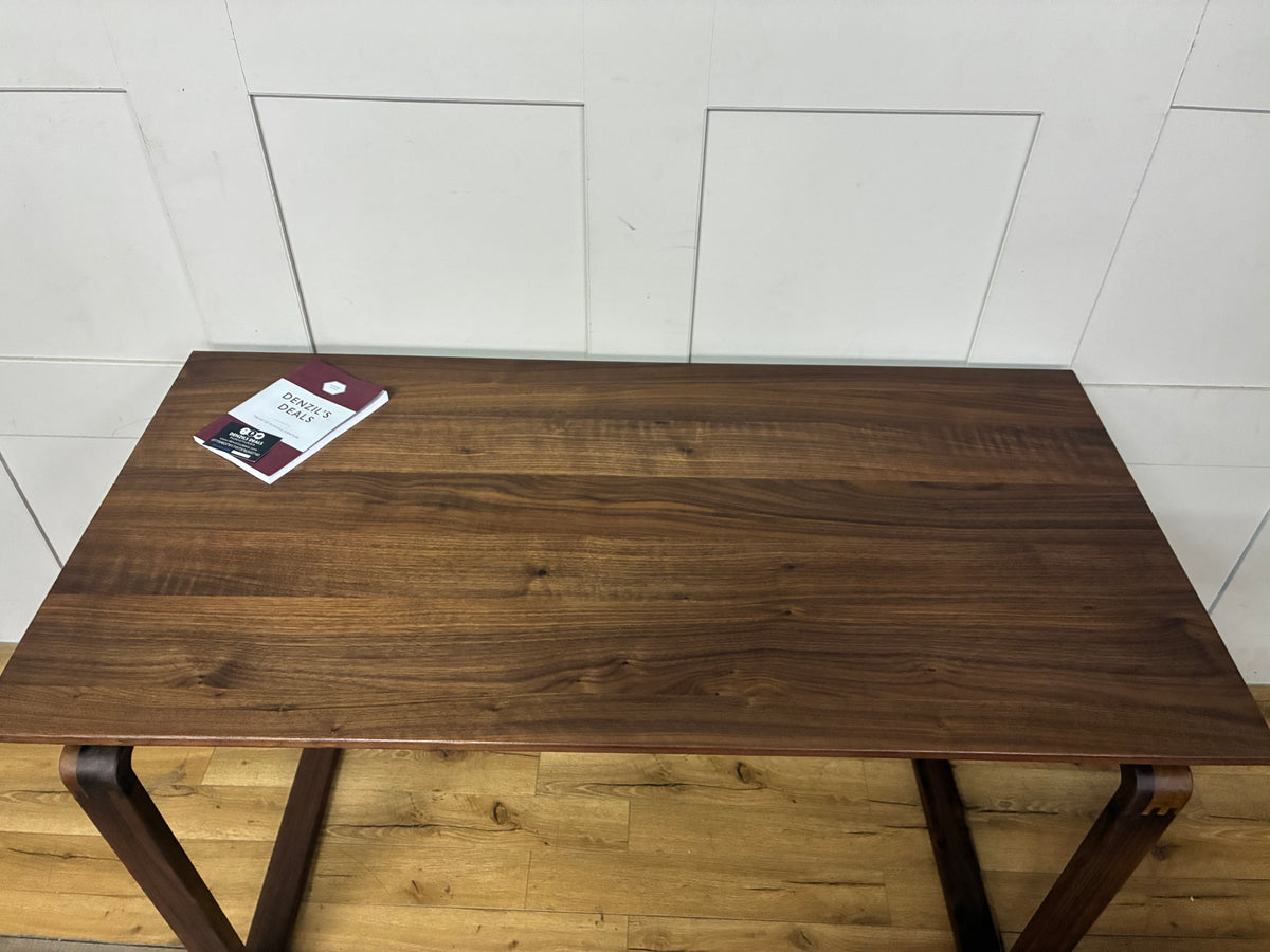 John Lewis Orbit Desk, Walnut  with Four round, tapered wooden legs that gently splay outwards in a classic retro mid-century aesthetic, leaving an open and spacious clearance underneath