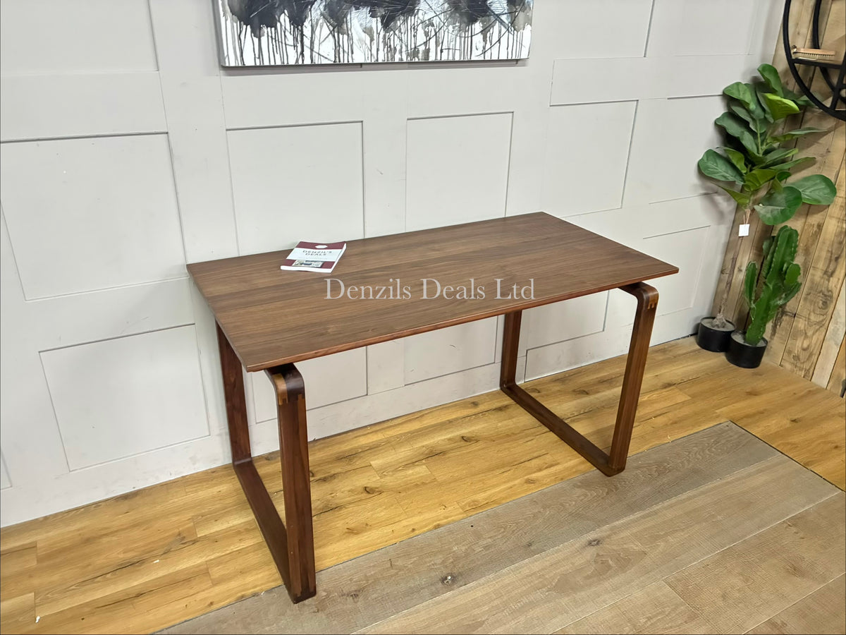 John Lewis Orbit Desk, Walnut showing A smooth, spacious rectangular desktop with soft, rounded corners and exposed finger-joint details at the corners, highlighting its traditional cabinet-maker craftsmanship