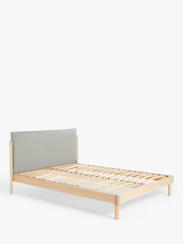 John Lewis Pillow double bed frame in solid oak with a grey cushioned headboard. With sprung slats for additional support 