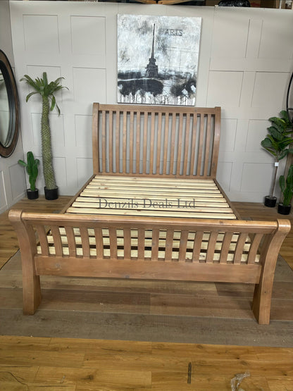 John Lewis Reclaimed Timber Bed Frame, King Size, Natural Wood featuring a charming, natural aesthetic thanks to its slatted design and shapely frame with a solid slats in the base that provide a supportive