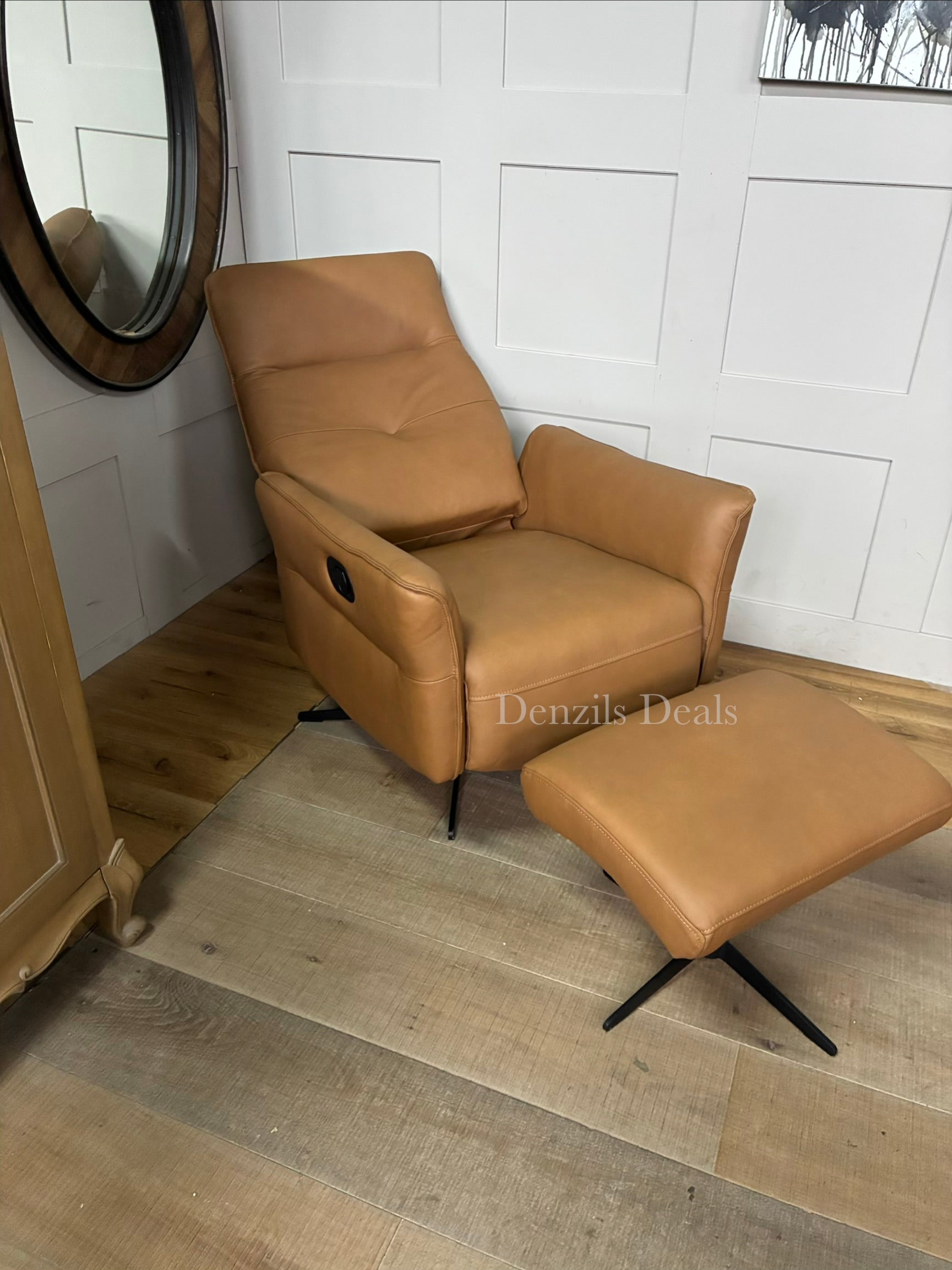 John Lewis Relaxed Recliner Armchair & Footstool, Tan Leather 