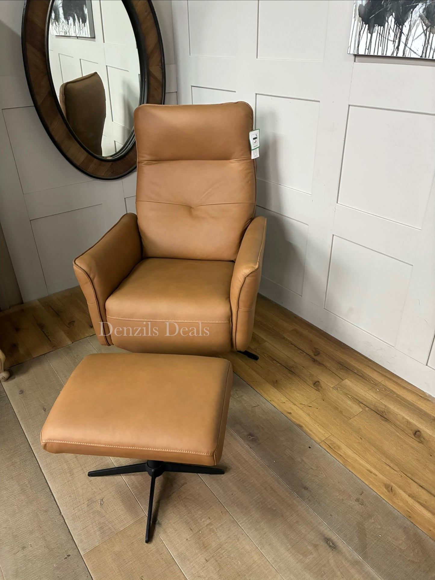 John Lewis Relaxed manual recliner armchair and matching footstool in rich tan leather with four modern metal legs