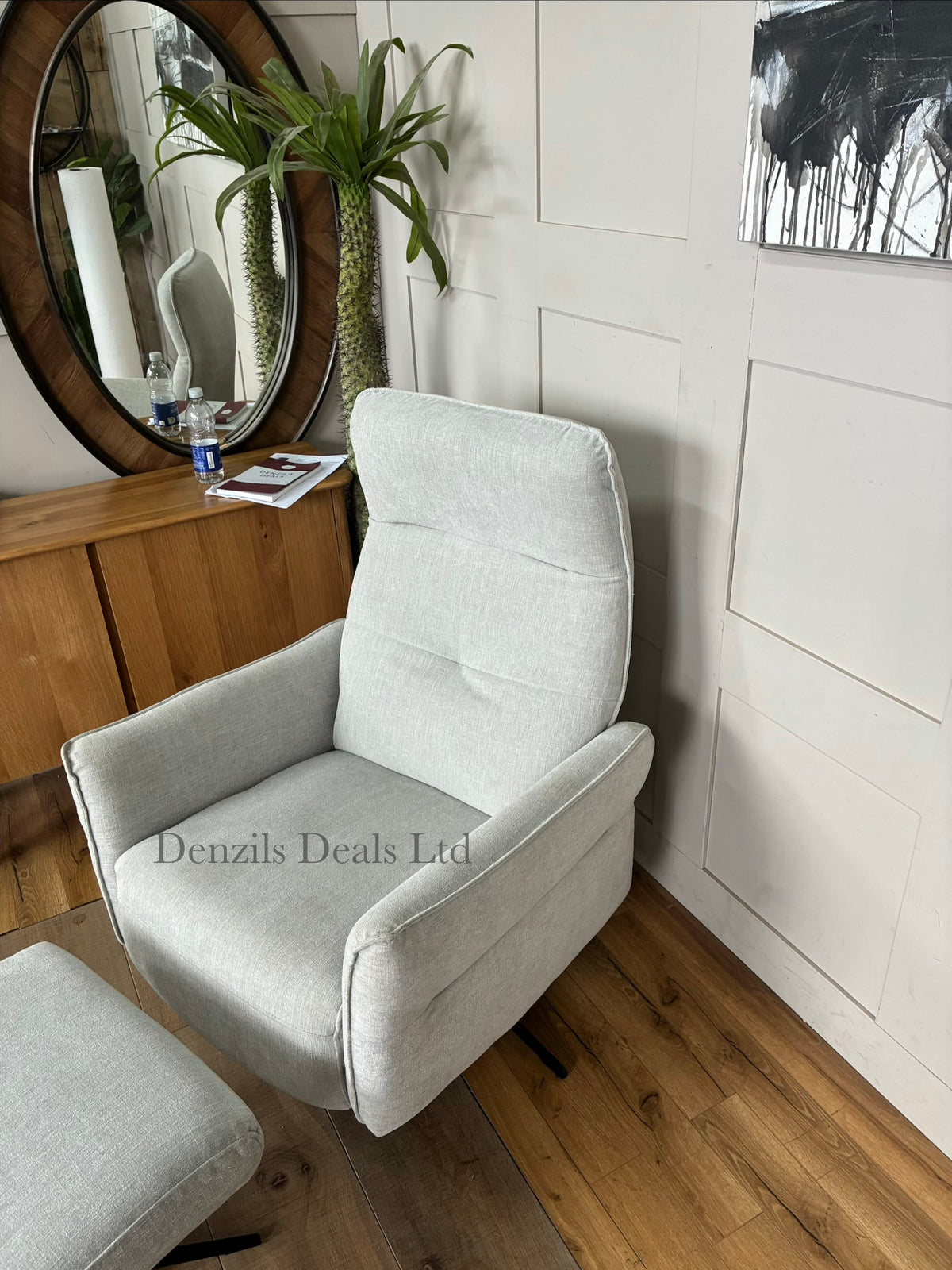 John Lewis Relaxed recliner armchair and matching footstool in grey chenille with slim metal legs