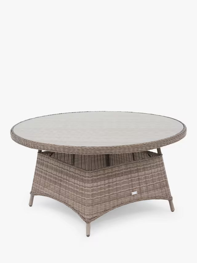 John Lewis Rye Woven Rattan 6-Seater Round Garden Dining Table, Natural. Round dining table with room for six · Handwoven, 5mm round synthetic wicker · Robust aluminium frame · Tinted glass top tempered for strength