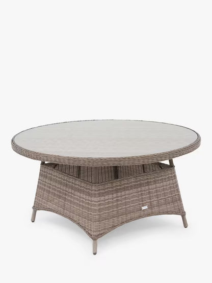John Lewis Rye Woven Rattan 6-Seater Round Garden Dining Table, Natural. Round dining table with room for six · Handwoven, 5mm round synthetic wicker · Robust aluminium frame · Tinted glass top tempered for strength