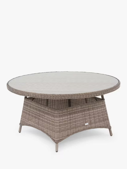 John Lewis Rye Woven Rattan 6-Seater Round Garden Dining Table, Natural. Round dining table with room for six · Handwoven, 5mm round synthetic wicker · Robust aluminium frame · Tinted glass top tempered for strength