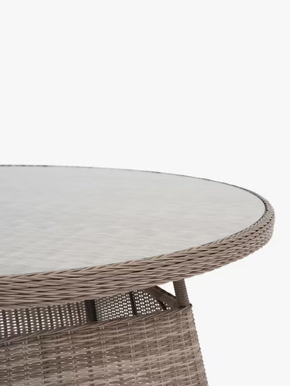 John Lewis Rye Woven Rattan 6-Seater Round Garden Dining Table, Natural. Round dining table with room for six · Handwoven, 5mm round synthetic wicker · Robust aluminium frame · Tinted glass top tempered for strength