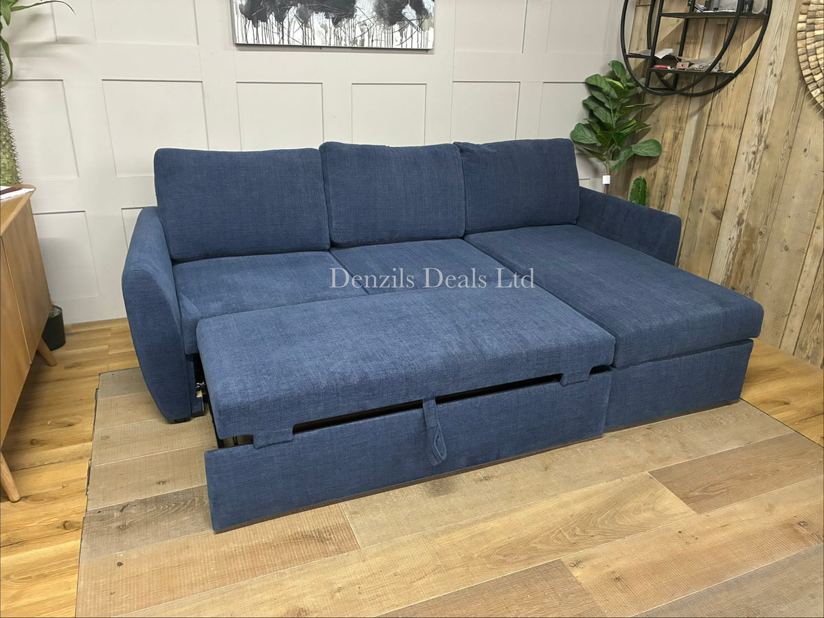 John Lewis Sansa fabric chaise sofa bed with integrated hidden storage and a pull-out double mattress.