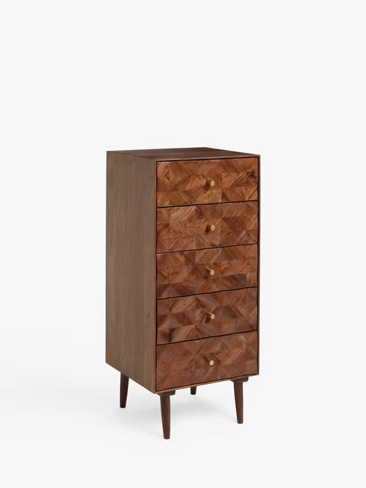John Lewis + Swoon Franklin 5 drawer tallboy chest in dark brown acacia wood, featuring a geometric marquetry patterned front.