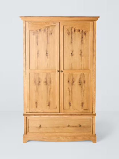 The John Lewis Weathered Oak Double Door with Drawer Wardrobe features a natural weathered oak finish with two cabinet doors and a lower storage drawer