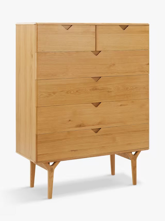 John Lewis X-Ray 3 Drawer Chest in natural oak wood with smooth curves and a mid-century modern design
