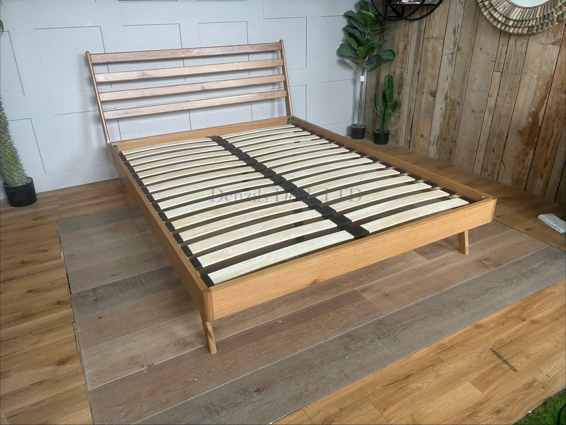 John Lewis X-Ray King Size Oak Wood Bed Frame in Bianco Lacquer, featuring a mid-century modern slatted headboard and tapered legs