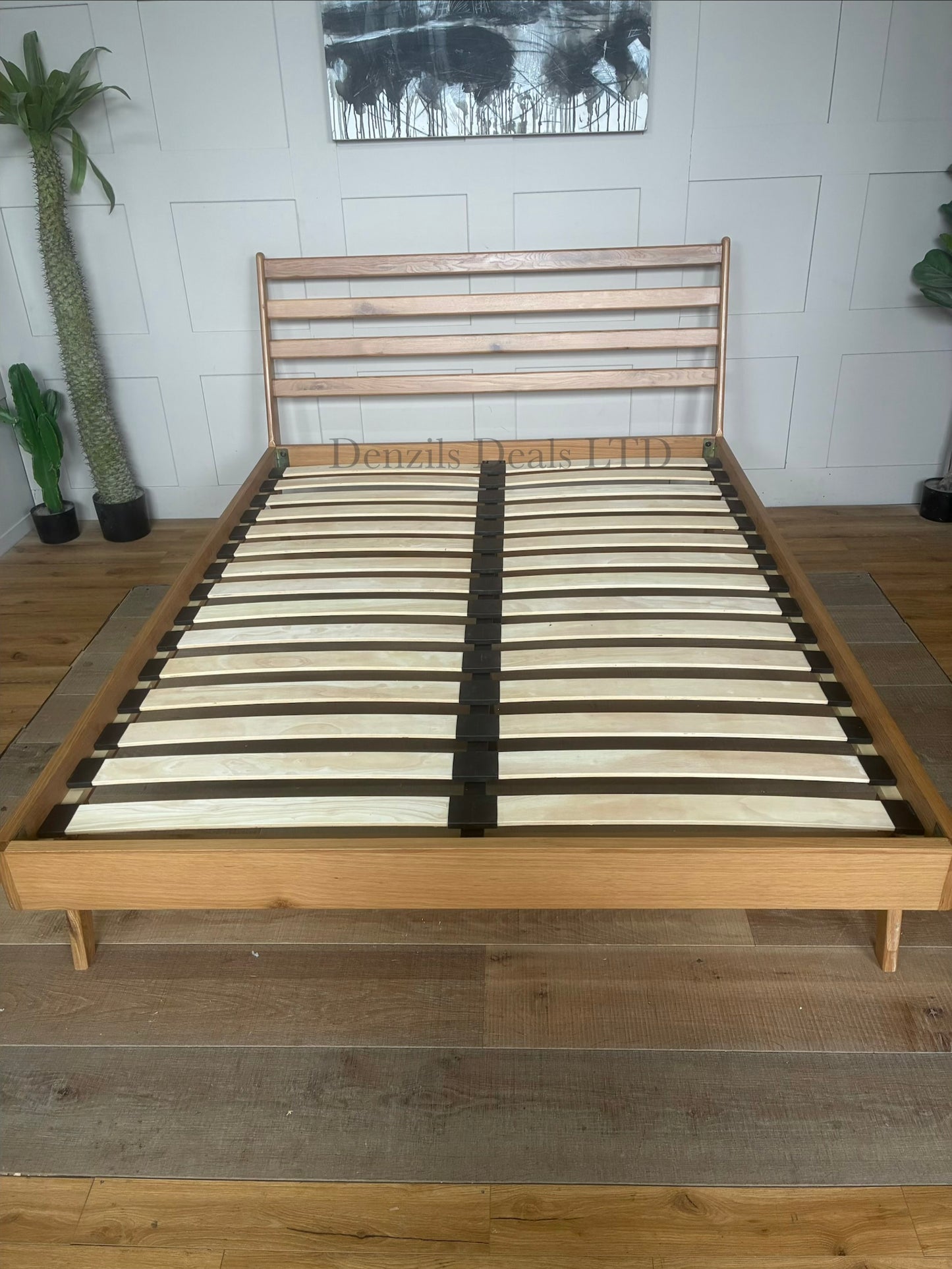John Lewis X-Ray King Size Oak Wood Bed Frame in Bianco Lacquer, featuring a mid-century modern slatted headboard and tapered legs
