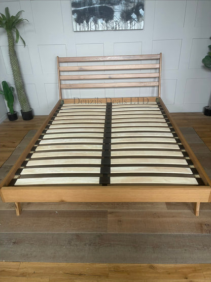 John Lewis X-Ray King Size Oak Wood Bed Frame in Bianco Lacquer, featuring a mid-century modern slatted headboard and tapered legs