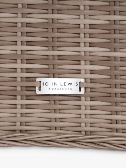 John Lewis Rye Woven Rattan 6-Seater Round Garden Dining Table, Natural. Round dining table with room for six · Handwoven, 5mm round synthetic wicker · Robust aluminium frame · Tinted glass top tempered for strength