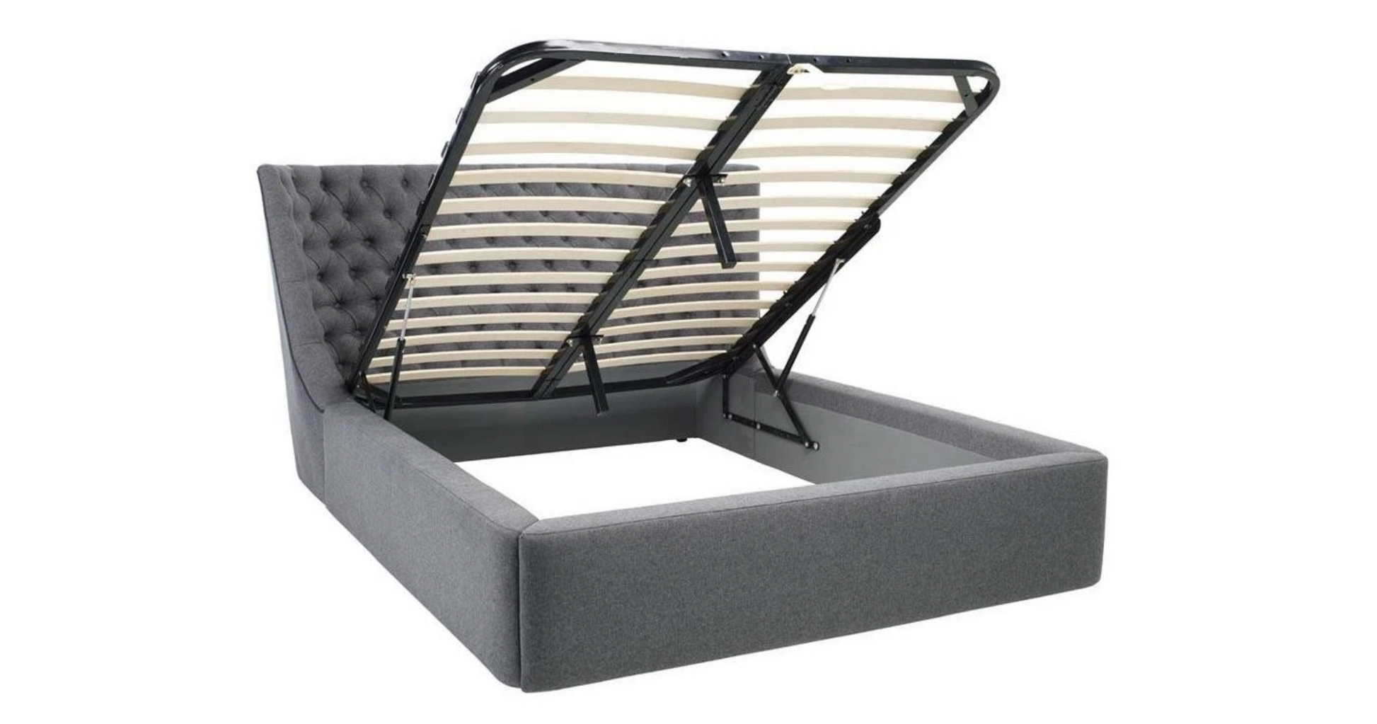 King size dwell Cavendish II ottoman bed in grey flat weave fabric, featuring a tall, curved, and deep-buttoned headboard