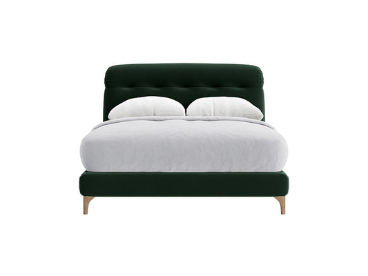 A deep green velvet superking bed frame with a raked, upholstered headboard.