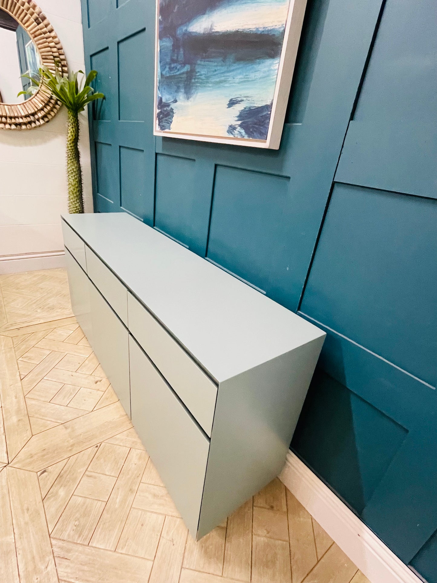 Large green Elsdon sideboard by MADE.com, 160cm wide home storage cabinet with 3 doors.