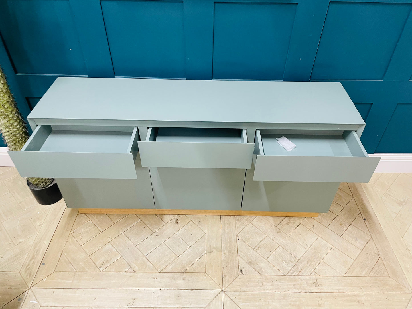 Large green Elsdon sideboard by MADE.com, 160cm wide home storage cabinet with 3 doors.