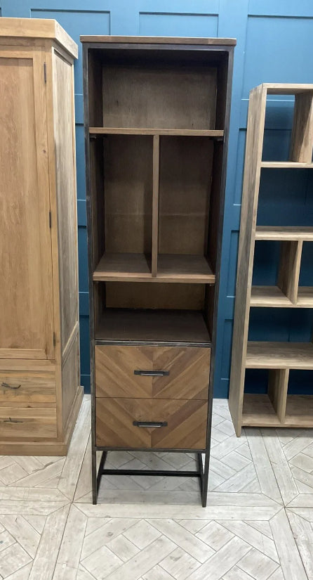 Livingfun teak wood bookcase with two drawers and open shelving for living room storage. Shelving unit