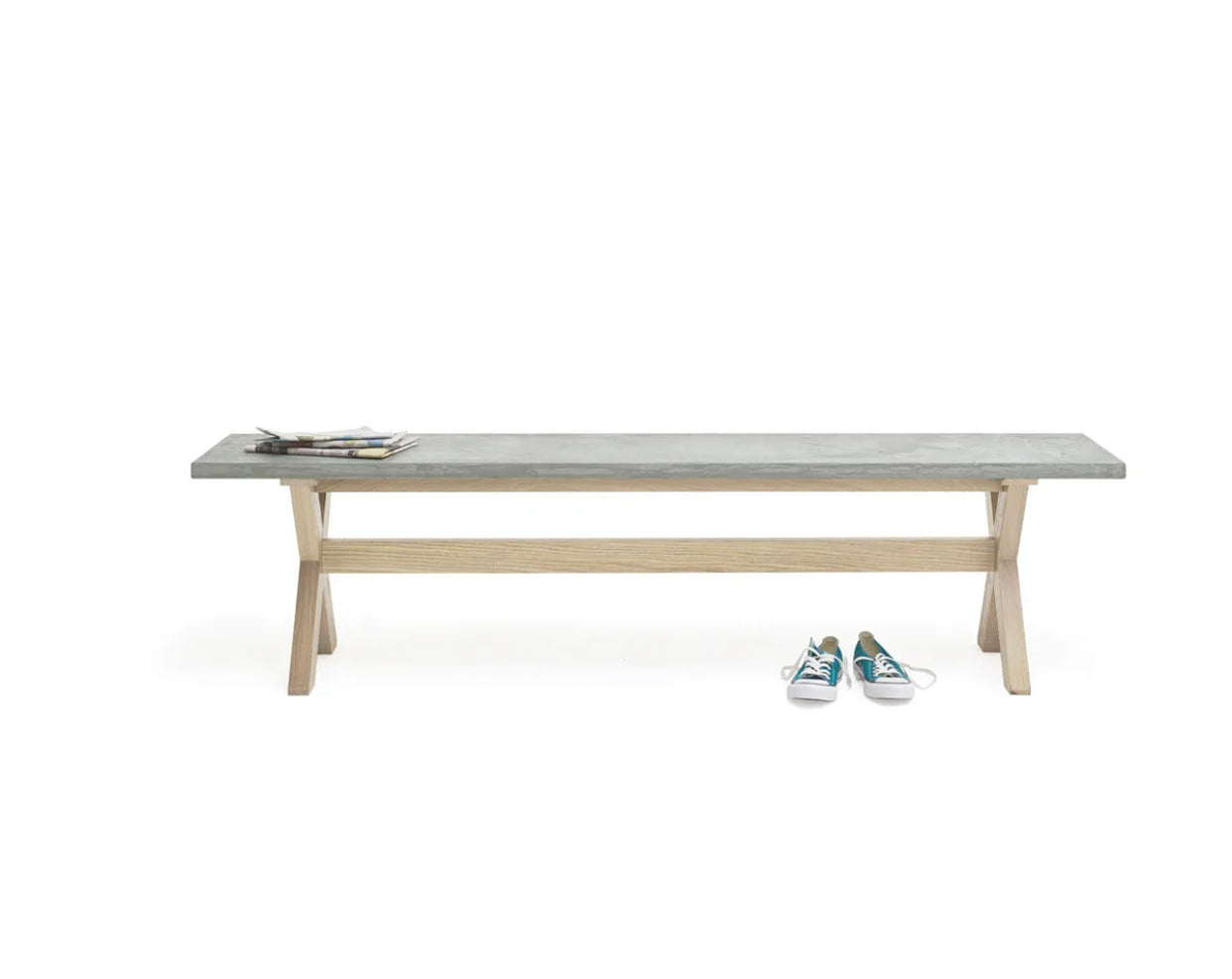 Loaf Extra Large Budge Dining Bench with a smooth weathered oak frame and a grey composite resin top.