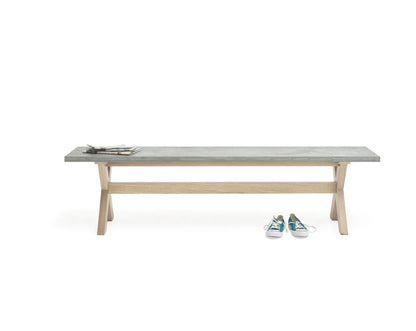 Loaf Extra Large Budge Dining Bench with a smooth weathered oak frame and a grey composite resin top.