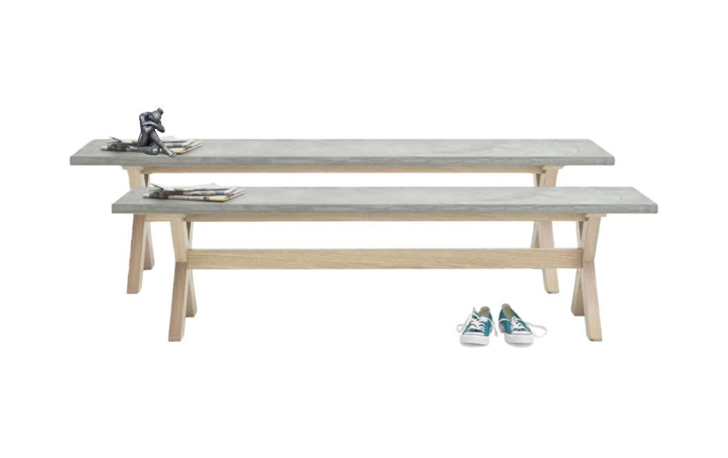 Loaf Extra Large Budge Dining Bench with a smooth weathered oak frame and a grey composite resin top.