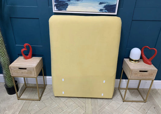 Loaf Single Ruffle headboard in Lemon Drizzle yellow brushed cotton, featuring a simple arched silhouette.