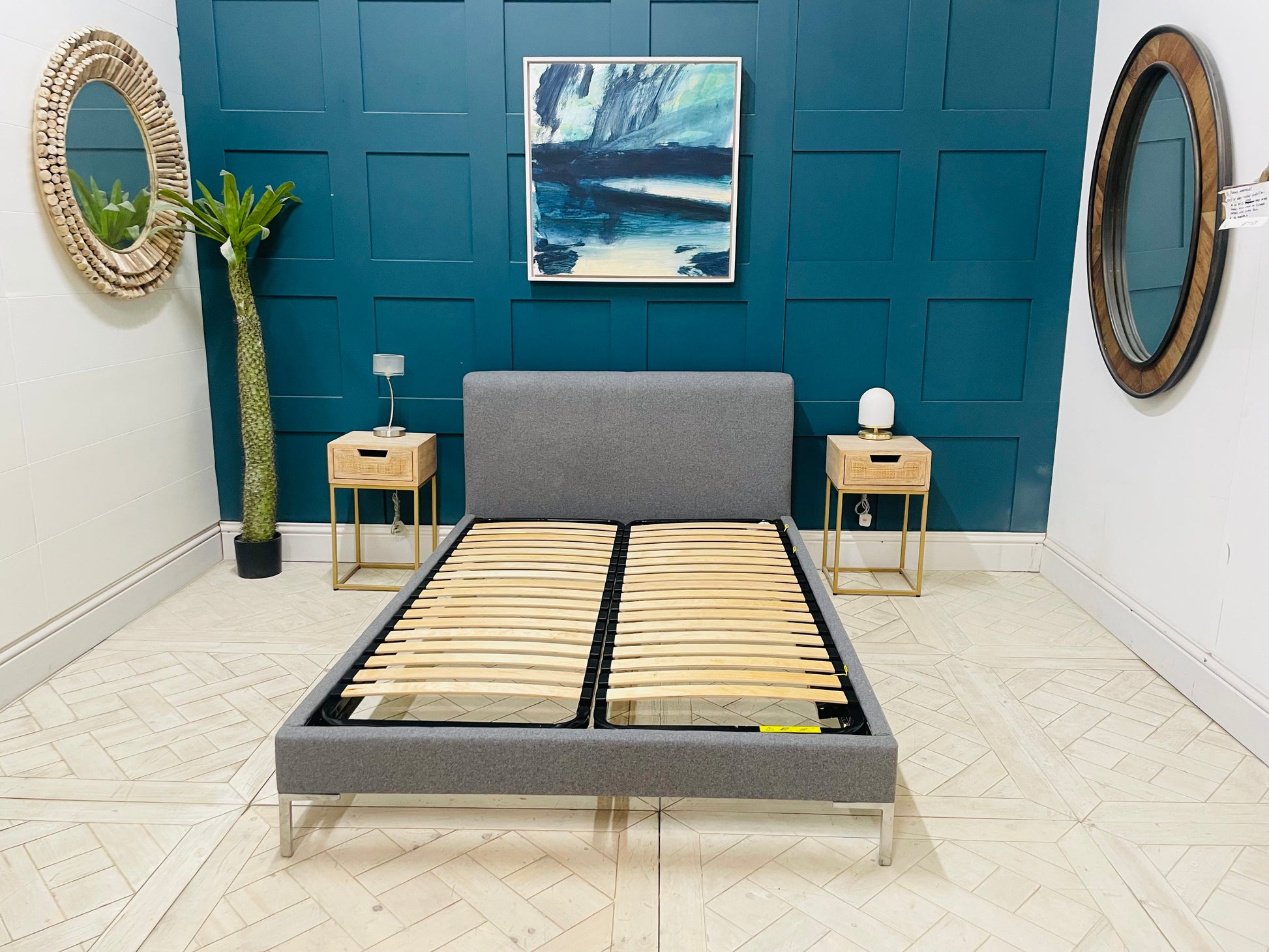 Loaf modern grey upholstered double bed frame with minimalist design, Loaf double Chrome Bed in Grey